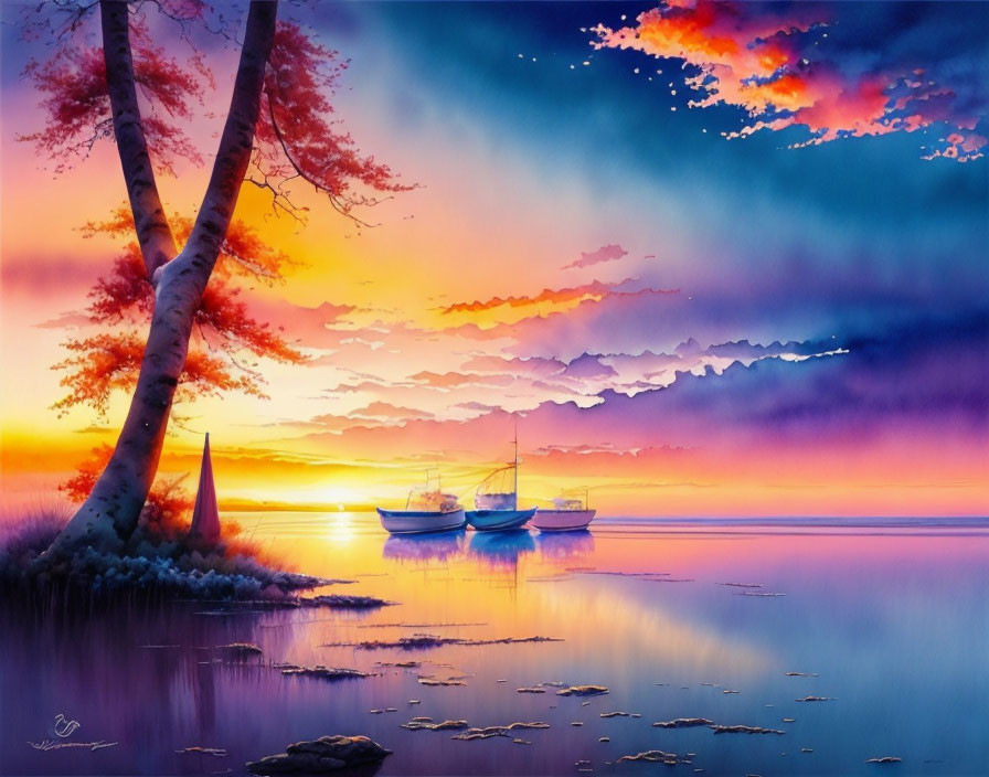 Colorful lakeside sunset painting with boats and trees reflected.