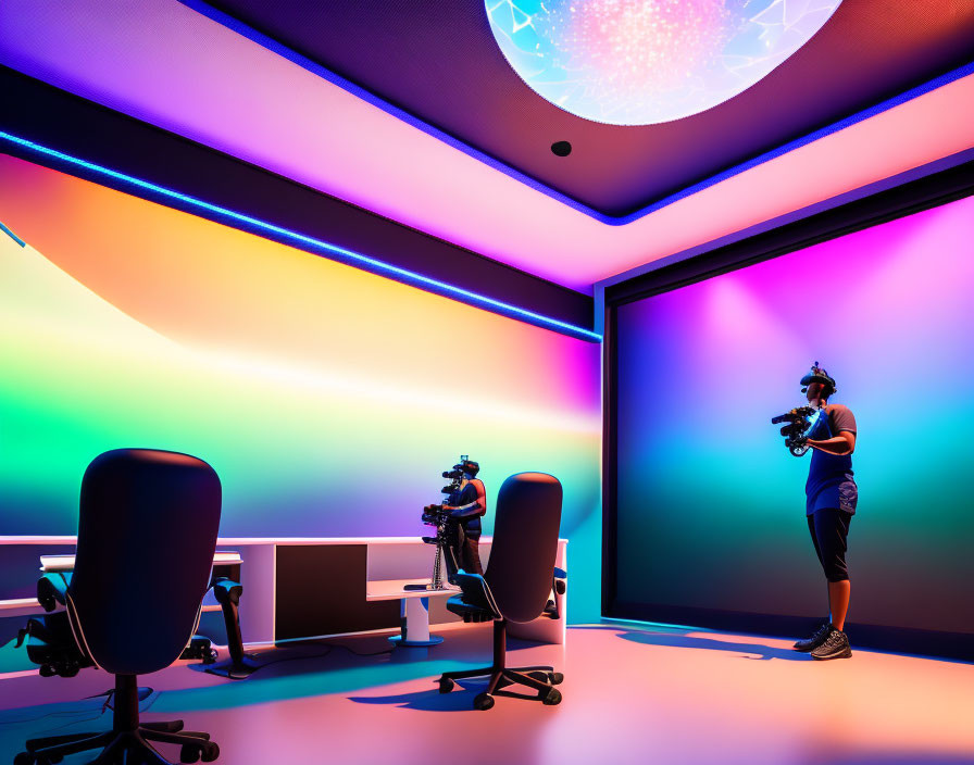 Person in VR headset in modern room with neon lighting & dual monitors