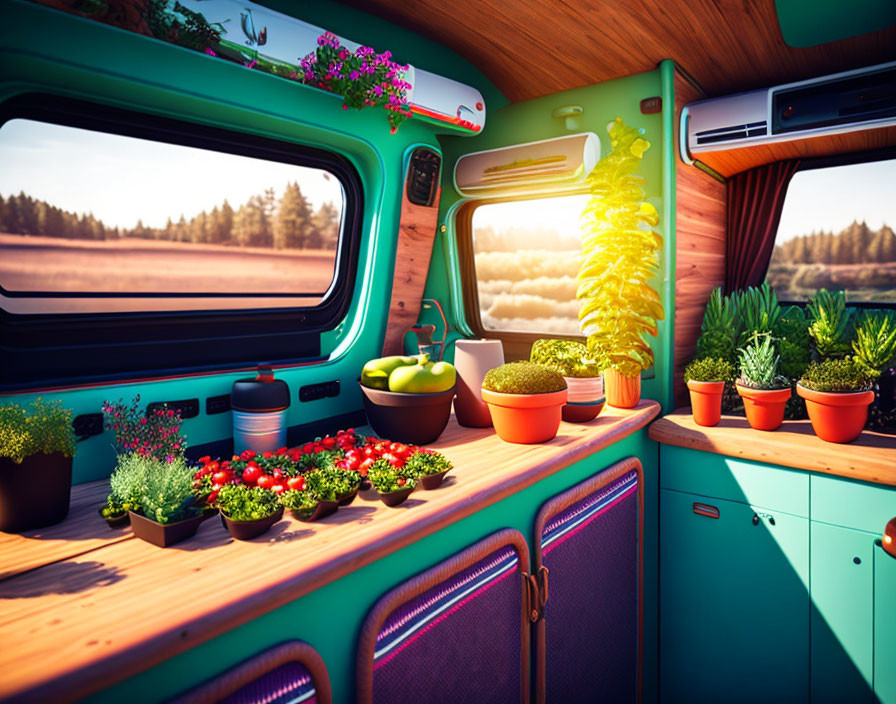 Retro-styled camper van interior with vibrant teal cabinetry and lush plants.