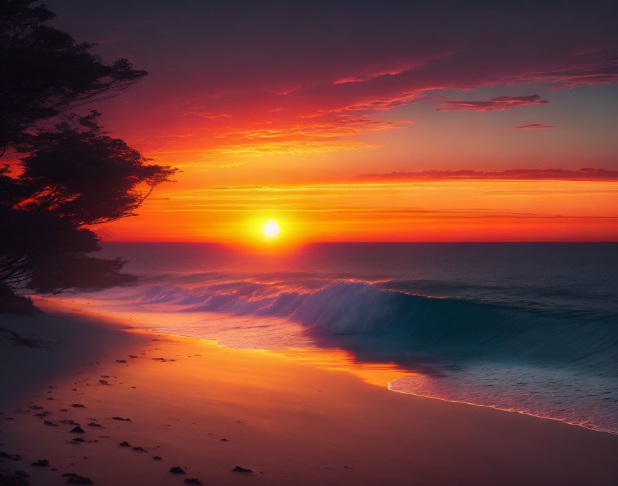 Orange and Purple Sunset Over Ocean Beach with Silhouetted Trees