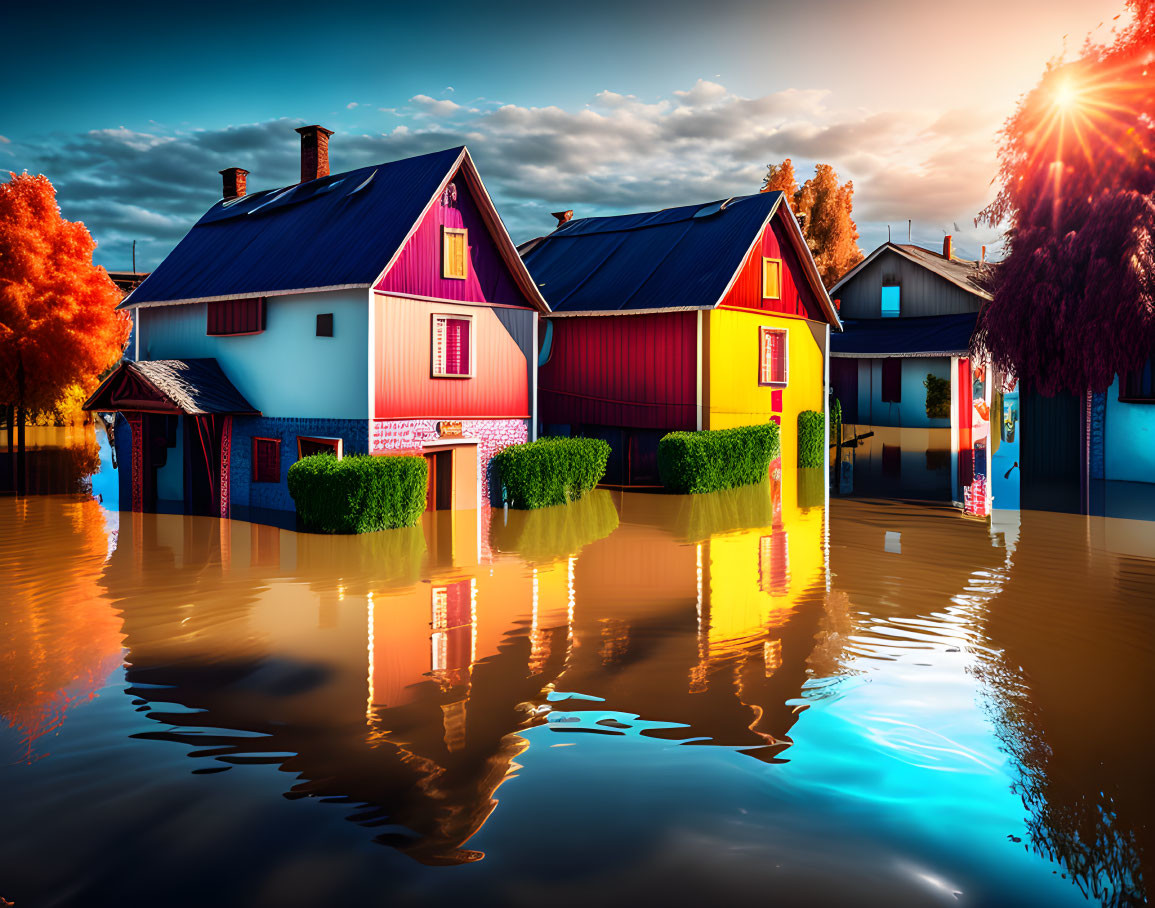 Colorful Houses Submerged in Floodwaters at Sunset