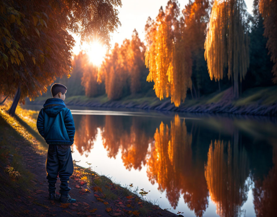 Child in Blue Jacket by Calm Lake at Sunset with Autumn Trees