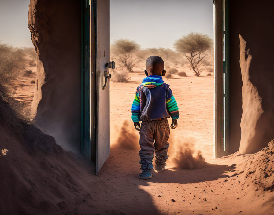 Child Standing in Doorway Gazes at Sandy Desert Landscape