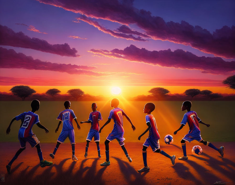 Kids playing soccer at sunset with vibrant sky and long shadows on savannah.