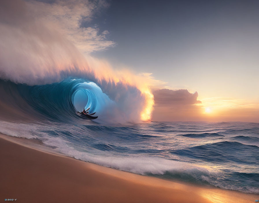 Surfer riding towering wave at sunset with warm sunlight glow