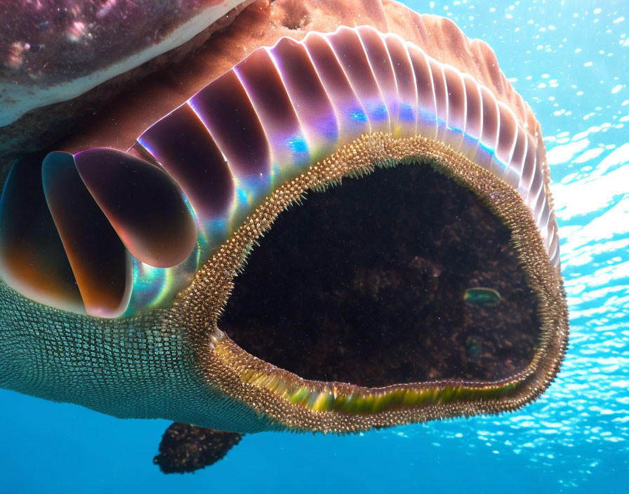 Whale Shark's Open Mouth Underwater with Filter Pad and Sunlit Gills