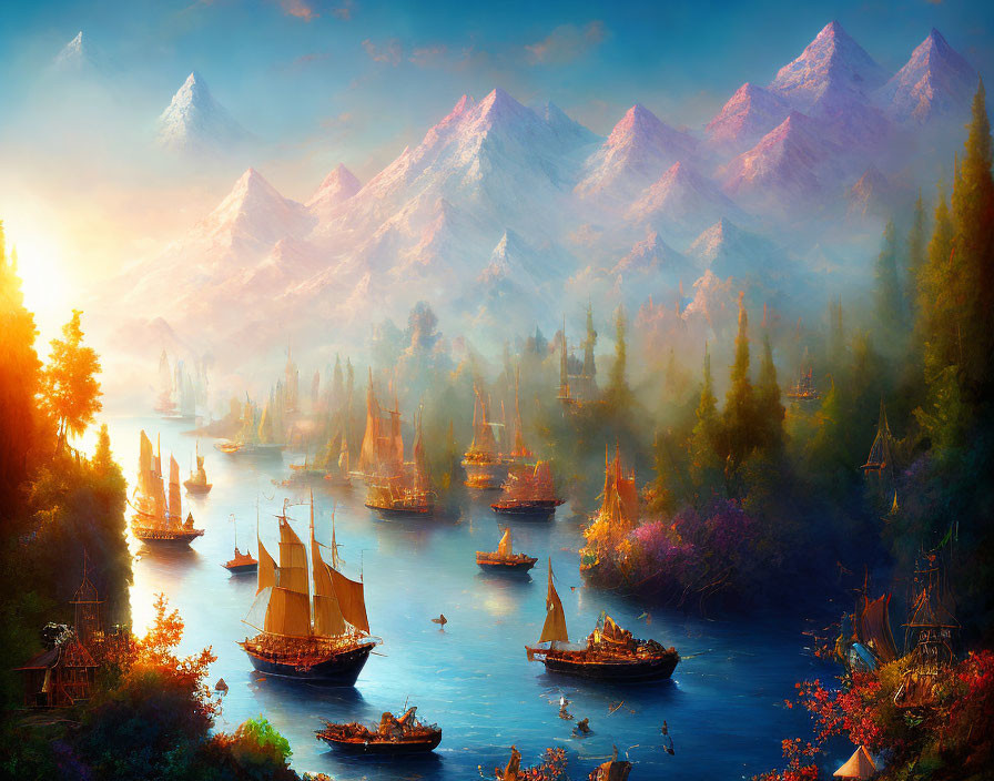 Autumnal landscape with sailing ships on river and mountains under warm sky