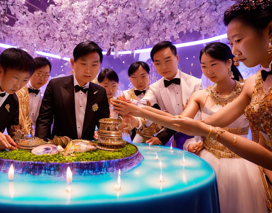 Elegantly dressed group at ceremony with purple flowers and blue light