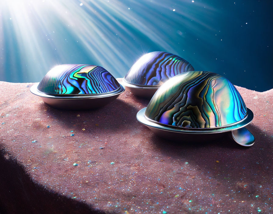 Iridescent metallic UFO-like objects on rocky surface with starry space background