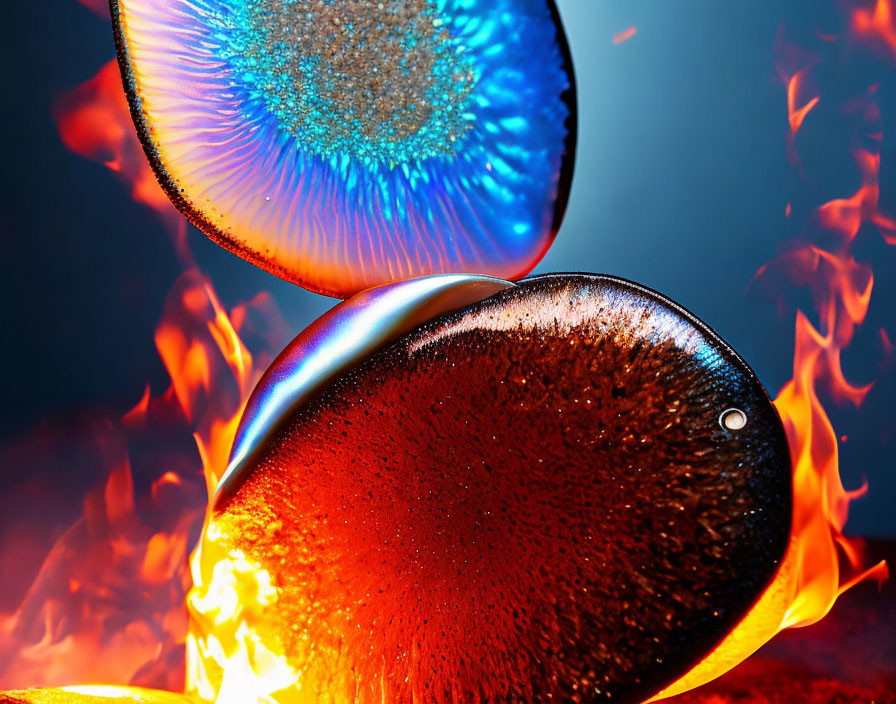 Iridescent Glass Spheres: Blue and Amber Patterns on Fiery Background