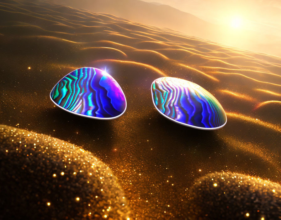 Iridescent oval objects on golden desert landscape at sunset