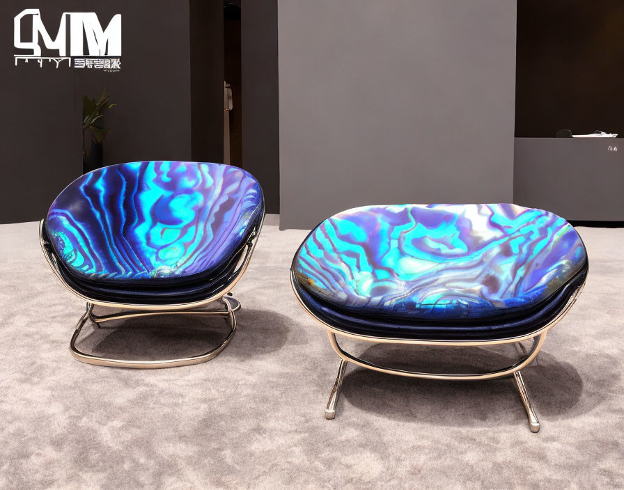 Modern Chairs with Blue & Purple Agate Pattern on Metallic Frames