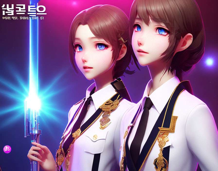 Naval-themed animated characters with glowing blue sword and expressive eyes