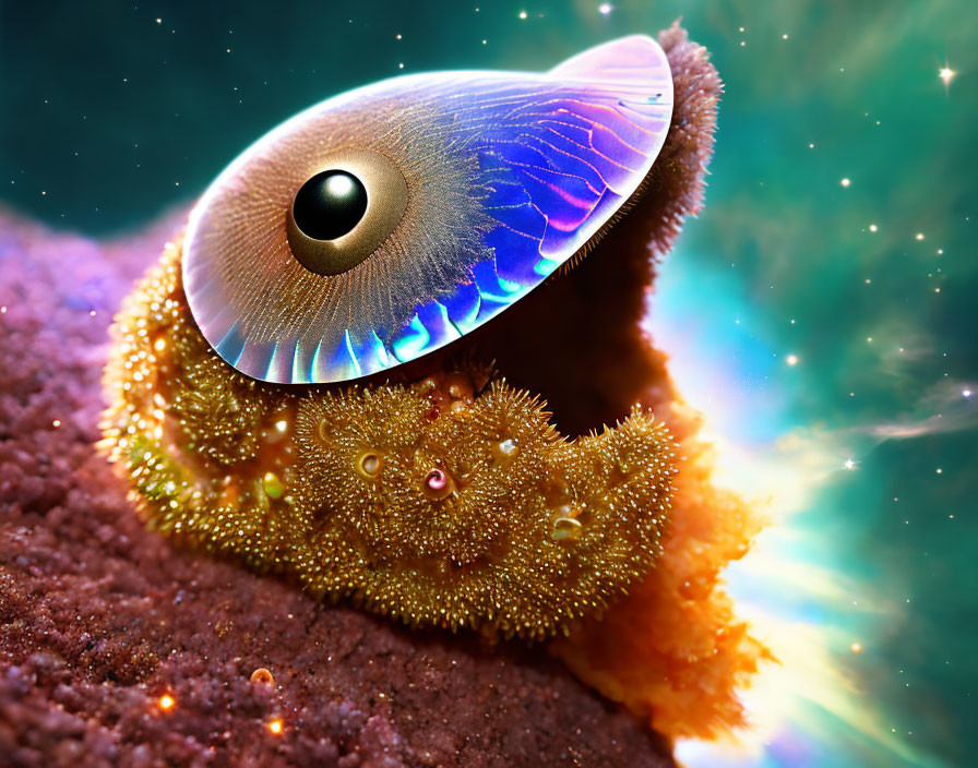 Colorful clam with human-like eye in cosmic setting