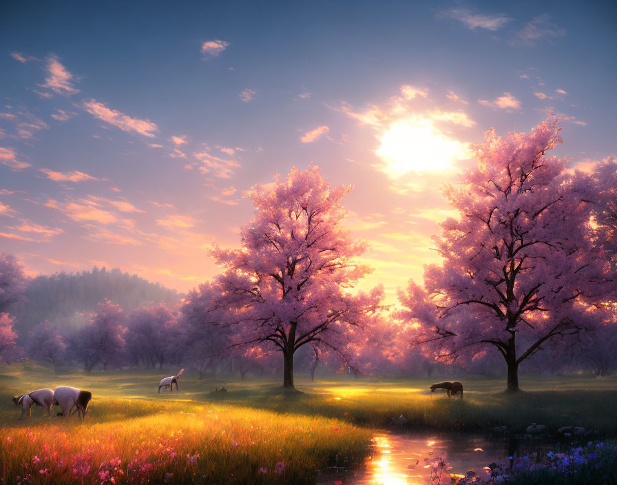 Tranquil Cherry Blossom Trees and Grazing Sheep at Sunset