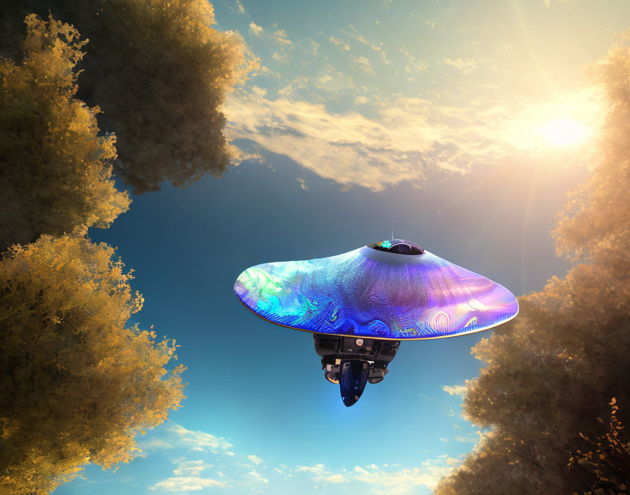 Colorful Metallic UFO Hovering in Bright Blue Sky