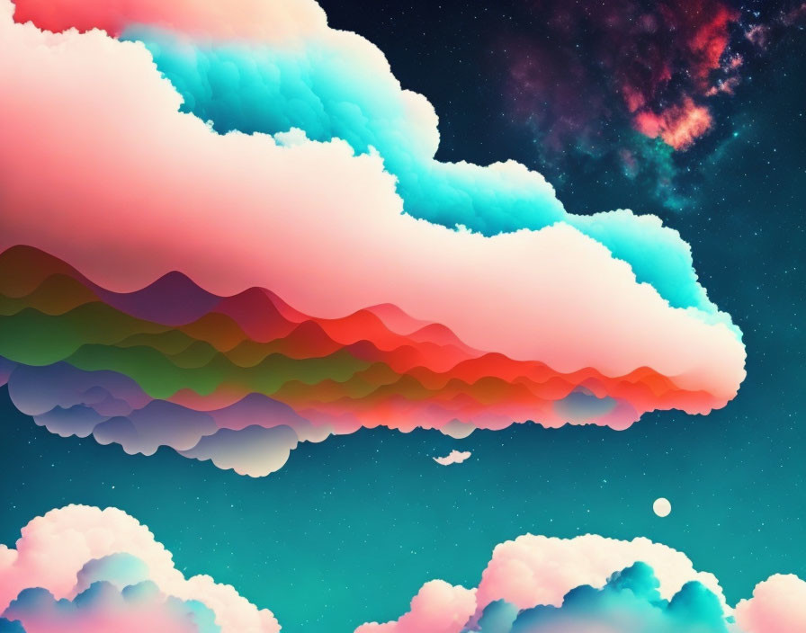 Vibrant sky with multicolored wave-like clouds and distant planet in artistic rendering