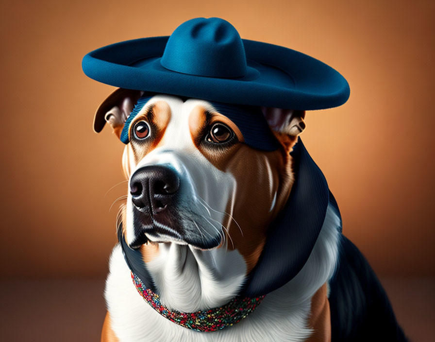 Digitally altered image: Dog in blue sombrero, scarf, colorful necklace on orange backdrop