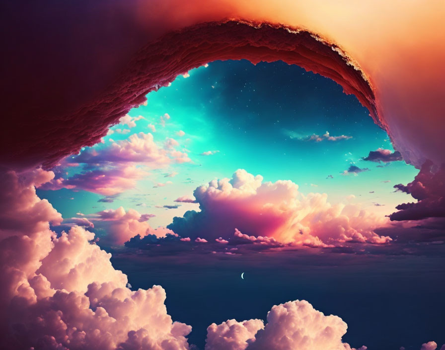 Colorful surreal sky with crescent moon and fluffy clouds in dark frame