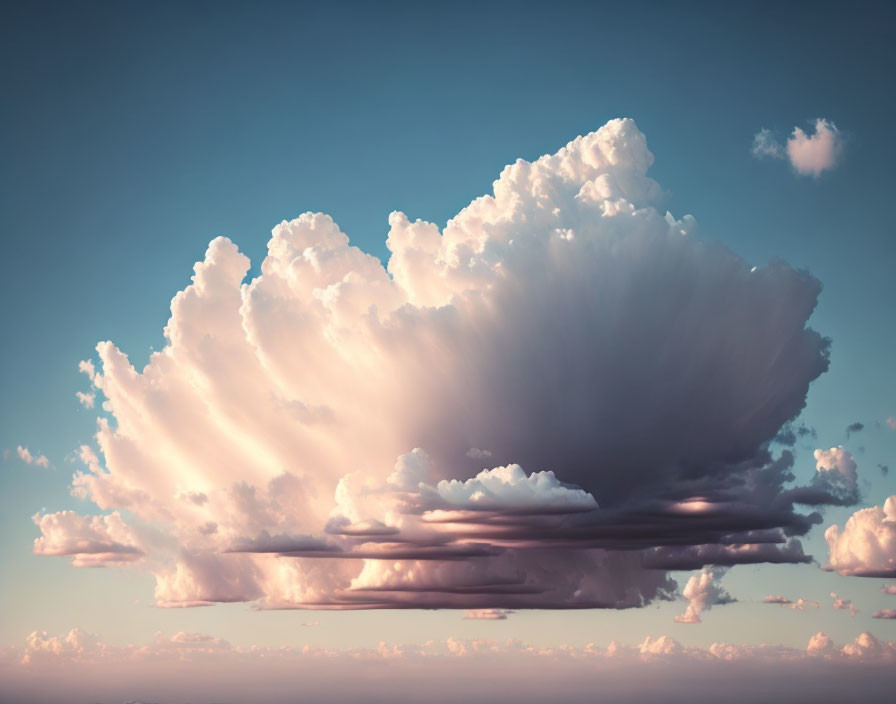 Majestic cumulonimbus cloud in pastel sky with warm sunlight glow