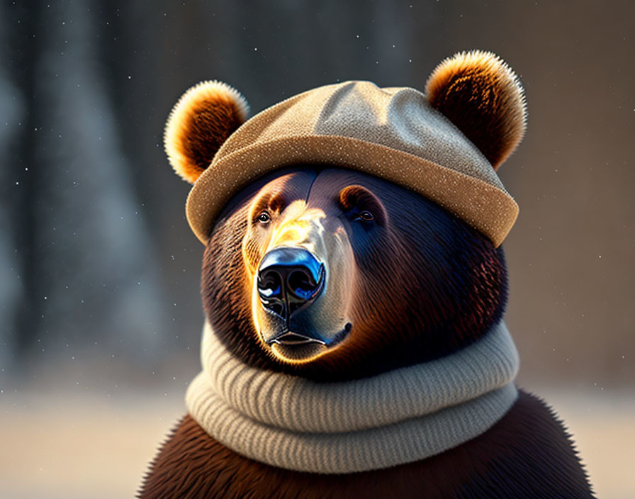 Beige Beret Bear in White Turtleneck Sweater