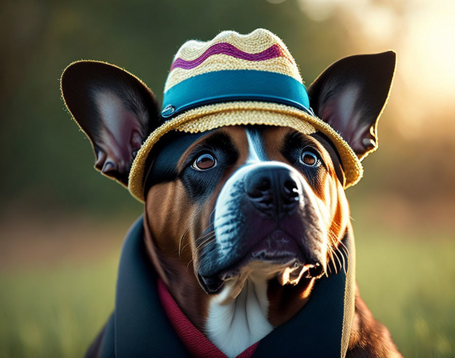 Dog with Large Ears in Colorful Striped Hat, Side Glance