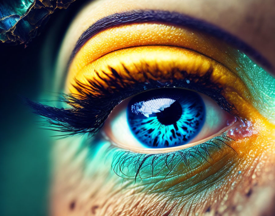 Detailed Close-Up of Human Eye with Blue Iris and Colorful Makeup