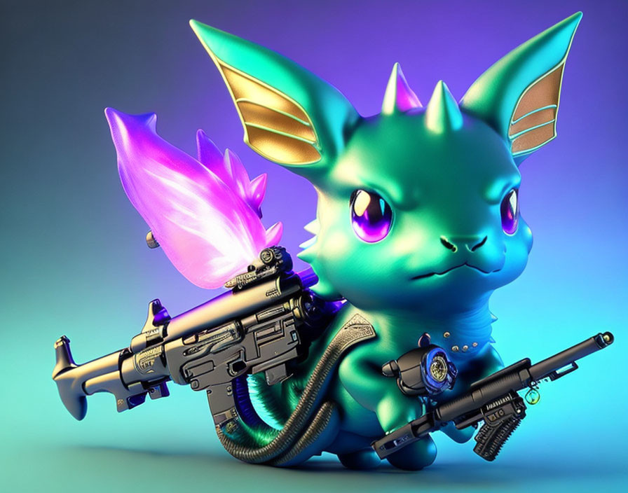 Stylized green cat creature with futuristic gun on purple-blue backdrop