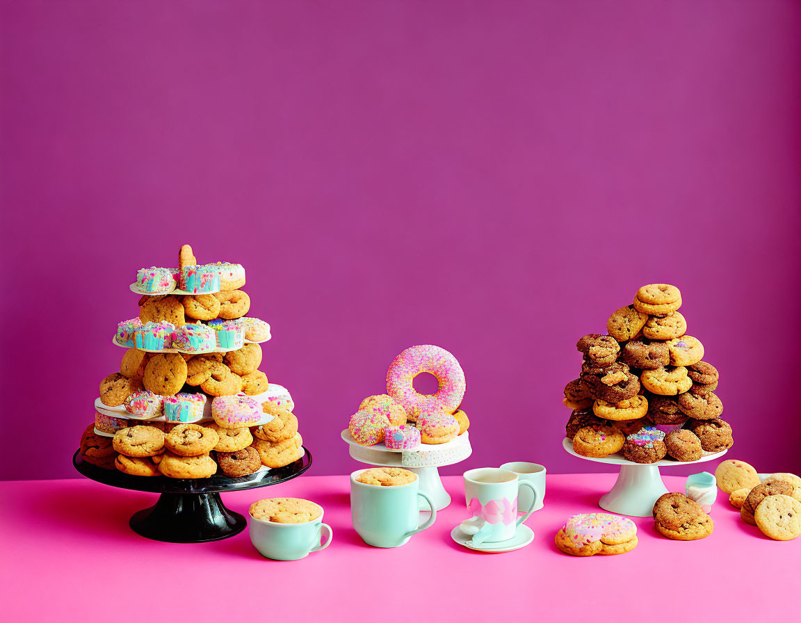 Assorted cookies, donut, coffee cups on pink background