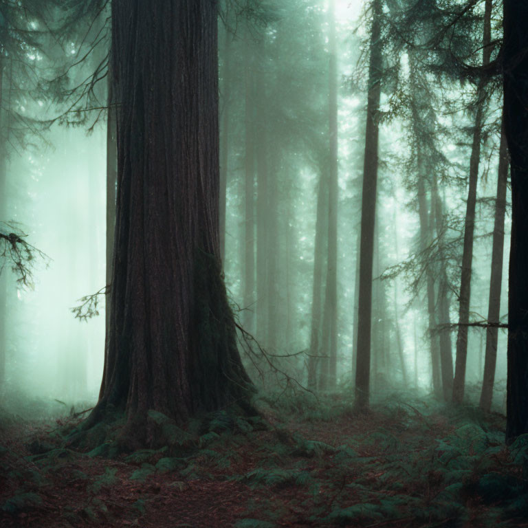 Misty forest with towering trees and fern carpet