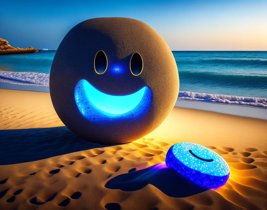 Smiling spherical figures on sandy beach at sunset