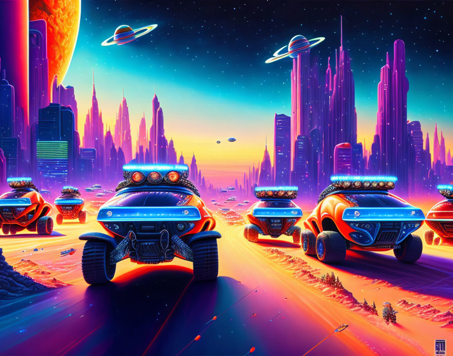 Futuristic cityscape with flying cars, neon skyscrapers, and distant planets