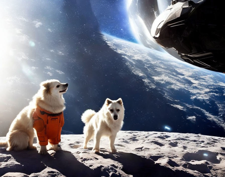 Two fluffy dogs on the moon with spaceship, Earth, and stars in the sky