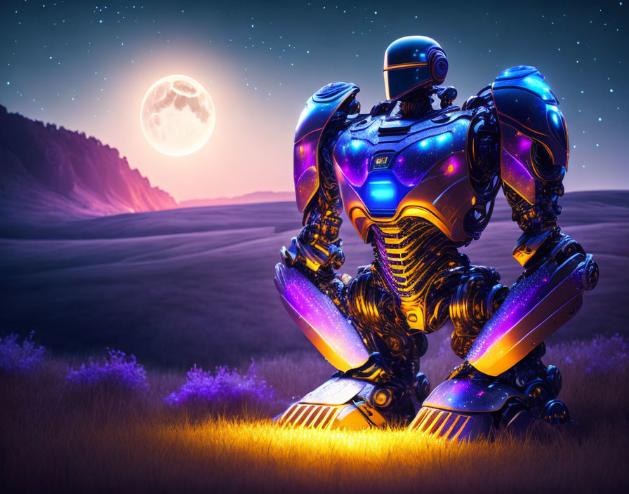 Futuristic robot with blue and purple lighting in a field of purple flowers at night