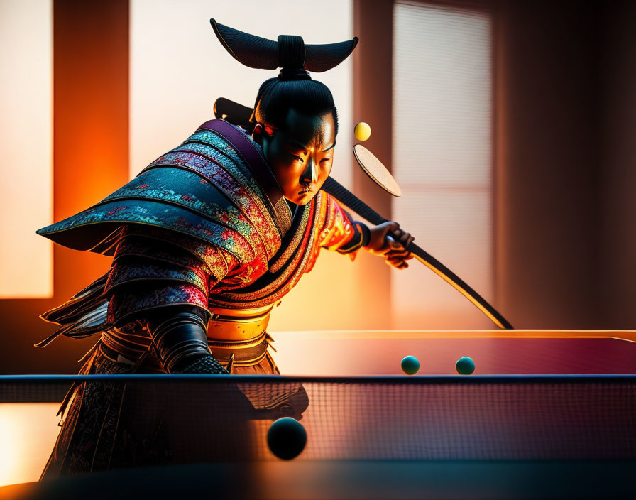 samurai is playing ping pong
