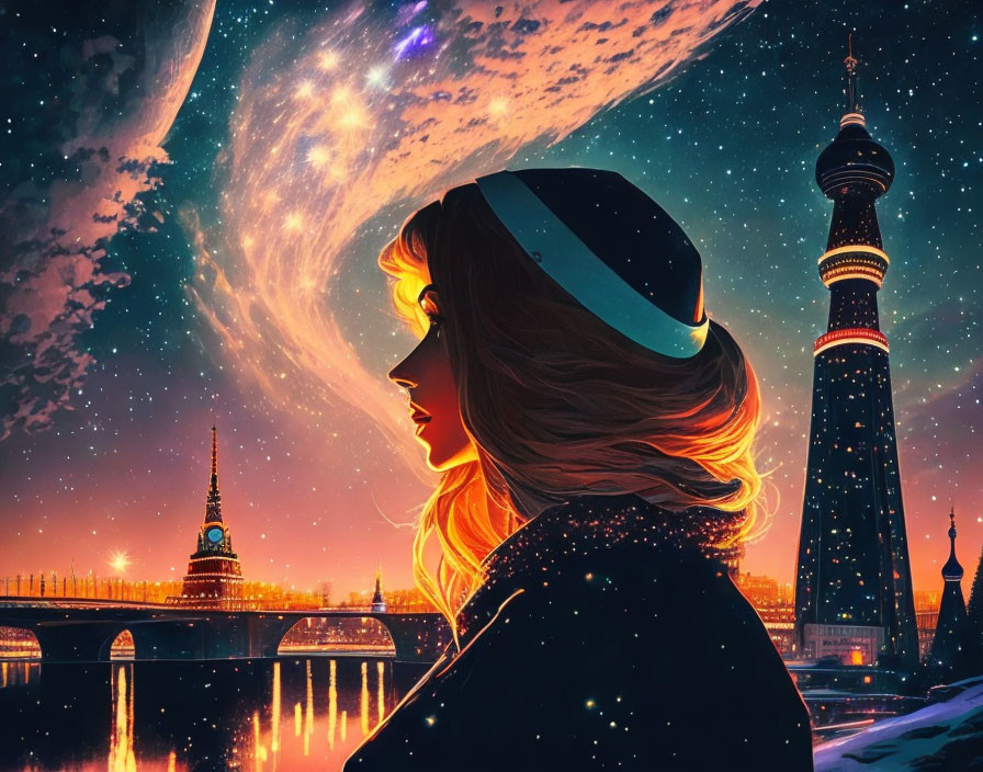Silhouette of woman gazing at swirling galaxy in night sky