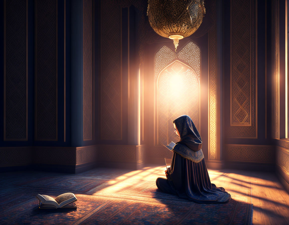 Traditional attire person praying in ornate room with lantern and open book