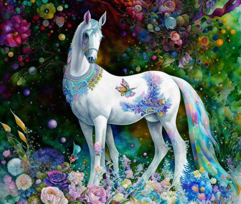 Colorful White Horse with Ornate Patterns Among Vibrant Flowers