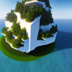 Floating futuristic building with greenery, high-tech vehicles, and distant planet in serene oceanic setting