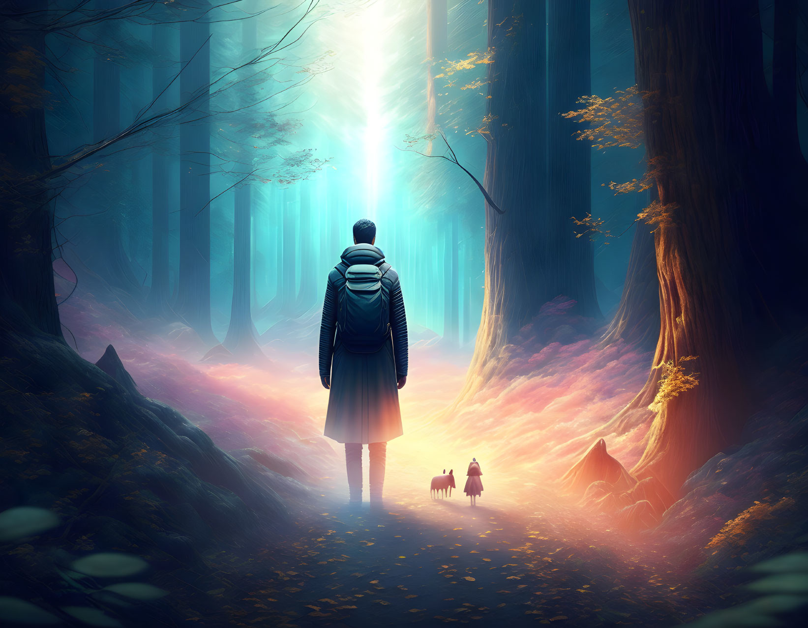 Person and small dog in mystical forest with towering trees and autumn light.