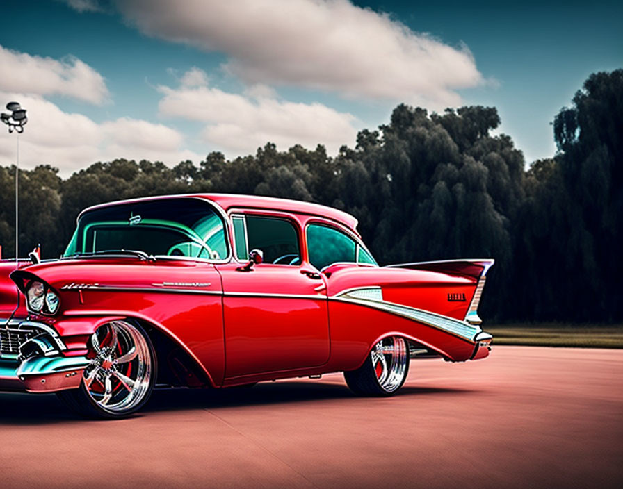 Vintage Red Classic Car with Tailfins and Chrome Details Outdoors