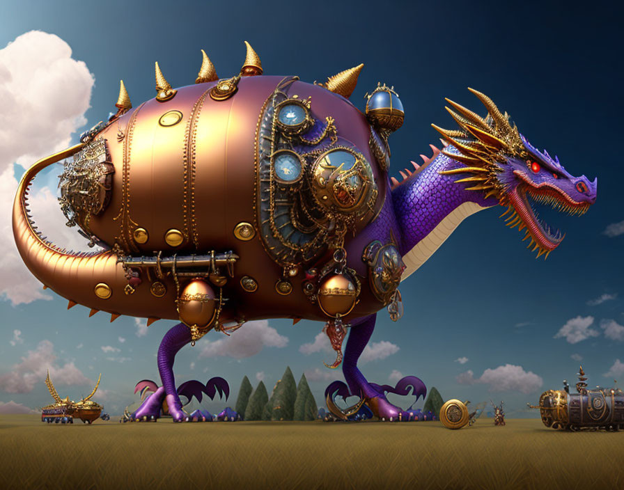 Steampunk-style mechanical dragon in purple and bronze landscape.