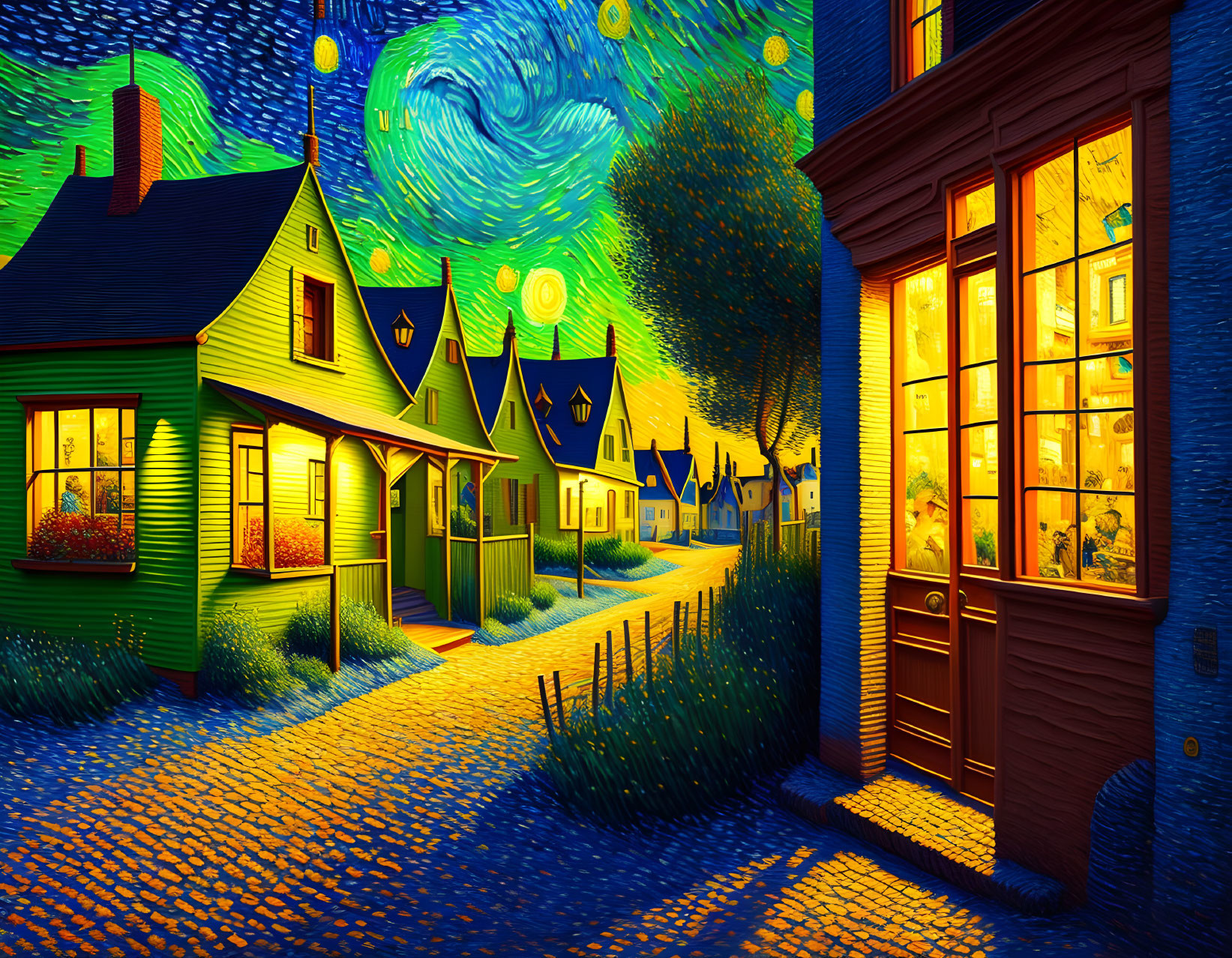 Colorful street scene with glowing windows and starry sky