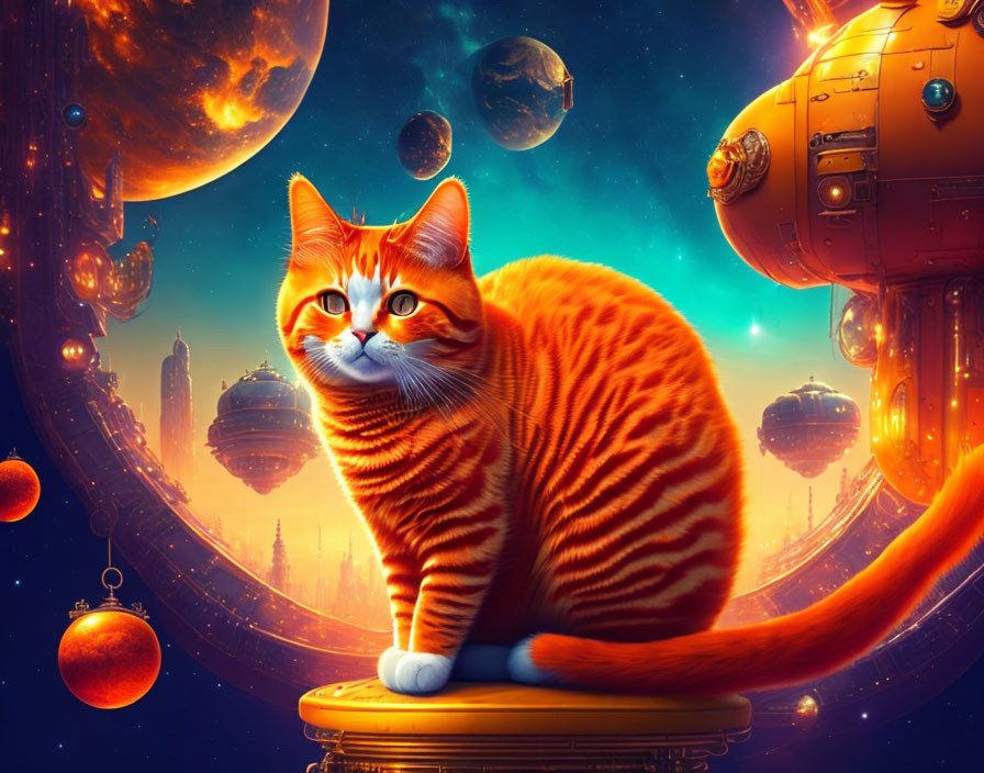 Orange Tabby Cat on Cosmic Pedestal with Planets and Spaceships