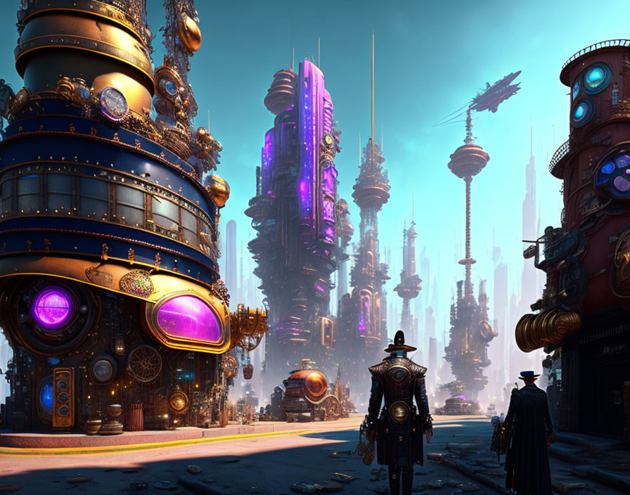 Futuristic cityscape with towering buildings and flying ships