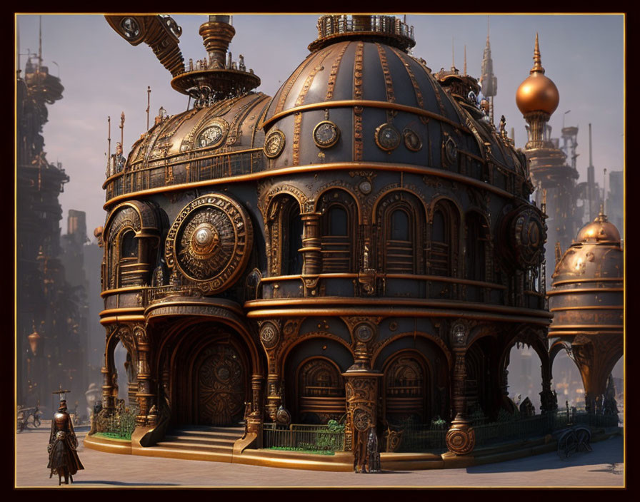 Intricate Steampunk-style Building with Domed Roofs and Gears