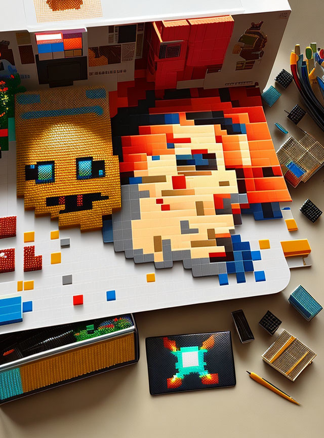 Pixel Art: Face and Cat on Desk with Colored Blocks and Art Tools