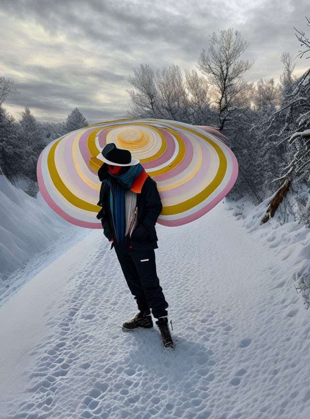 Person in Winter Gear on Snowy Path with Colorful Swirling Graphics