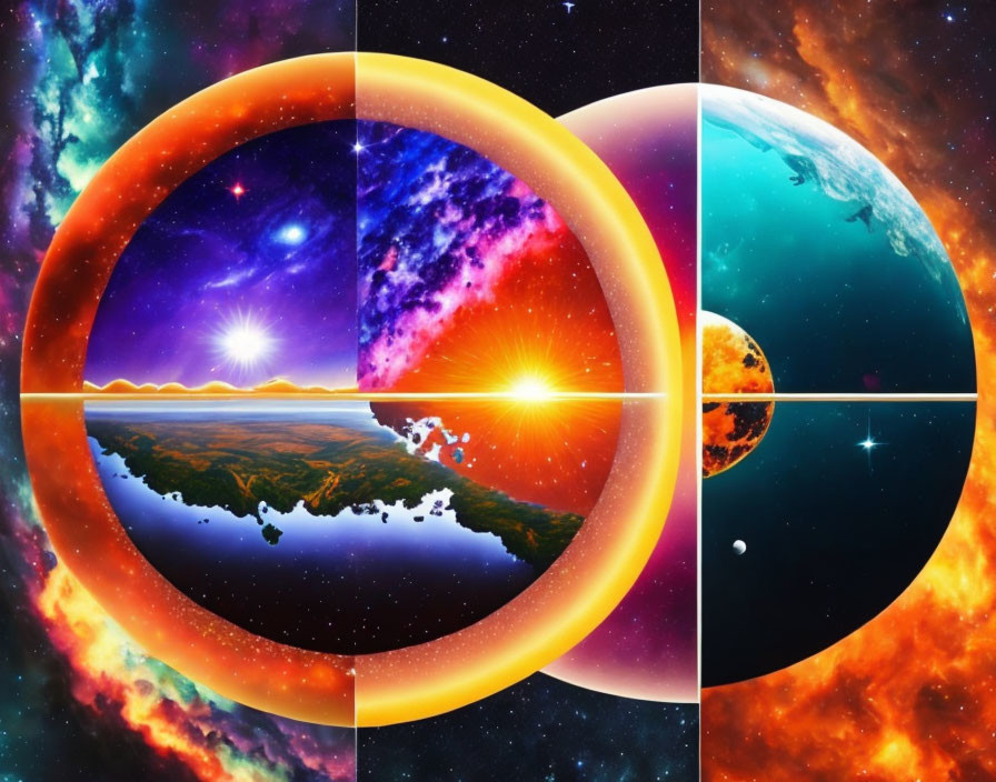 Collage of Vibrant Cosmic Scenes with Earth's Landscape