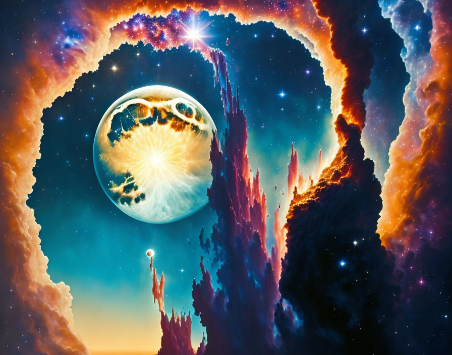 Large Moon and Starburst in Cosmic Scene with Rocky Structures